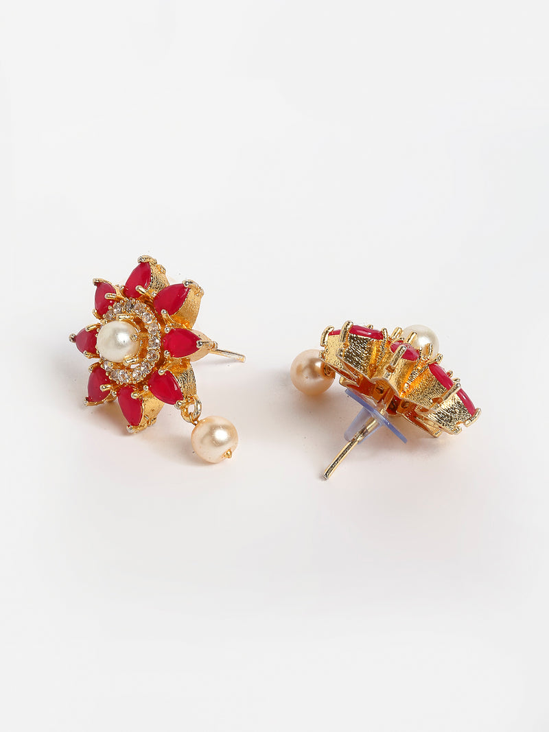 Gold-Toned Red & White American Diamond-Studded & Beaded Choker Jewellery Set