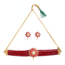 Gold-Toned Red & White American Diamond-Studded & Beaded Choker Jewellery Set