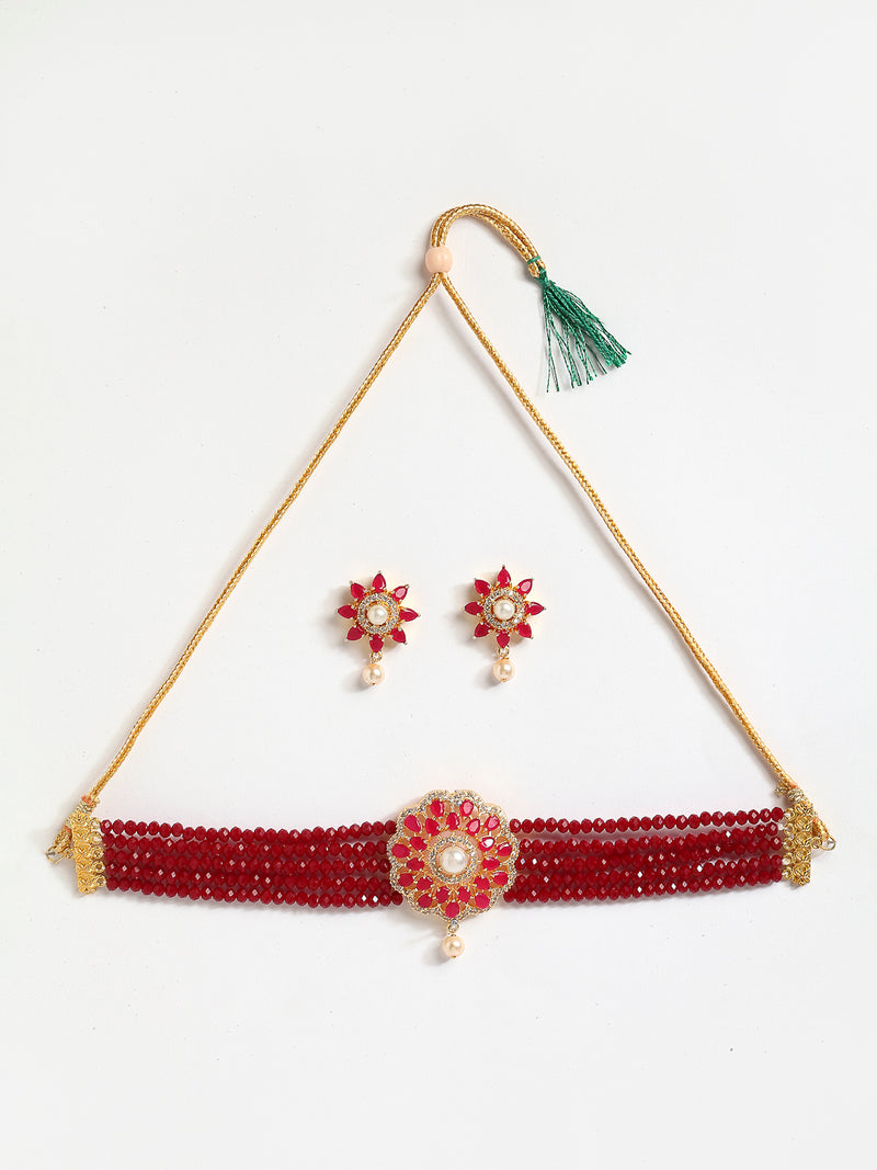 Gold-Toned Red & White American Diamond-Studded & Beaded Choker Jewellery Set