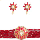 Gold-Toned Red & White American Diamond-Studded & Beaded Choker Jewellery Set