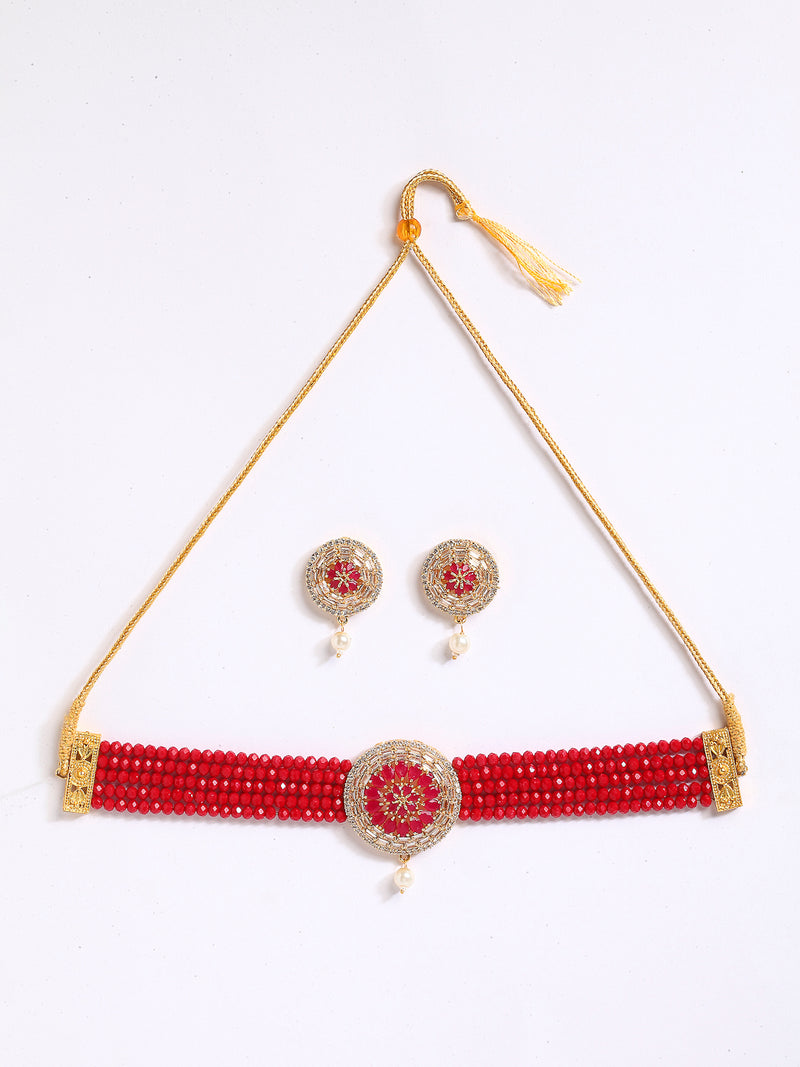 White & Red American Diamond-Studded & Beaded Gold-Plated Choker Jewellery Set
