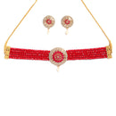 White & Red American Diamond-Studded & Beaded Gold-Plated Choker Jewellery Set