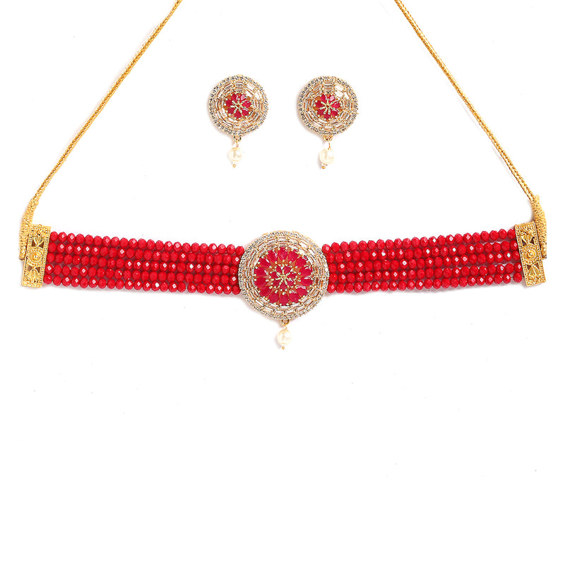 White & Red American Diamond-Studded & Beaded Gold-Plated Choker Jewellery Set