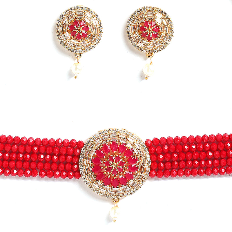 White & Red American Diamond-Studded & Beaded Gold-Plated Choker Jewellery Set