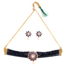 Floral Gold-Plated Navy Blue & White American Diamond Studded & Beaded Jewellery Set