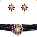 Floral Gold-Plated Navy Blue & White American Diamond Studded & Beaded Jewellery Set