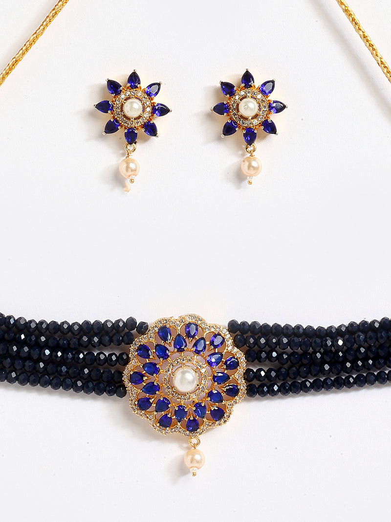 Floral Gold-Plated Navy Blue & White American Diamond Studded & Beaded Jewellery Set
