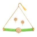 Pearl Detailing with Gold Plating Lime Green Beads Strap Choker Jewellery Set