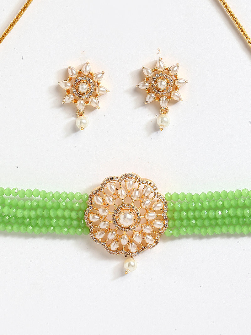 Pearl Detailing with Gold Plating Lime Green Beads Strap Choker Jewellery Set