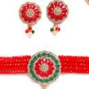 Red & Green Gold-Plated American Diamond Studded Choker Necklace with Earrings