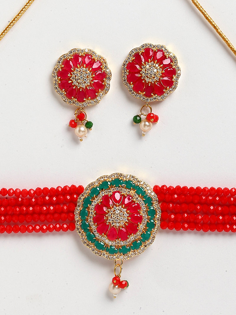 Red & Green Gold-Plated American Diamond Studded Choker Necklace with Earrings