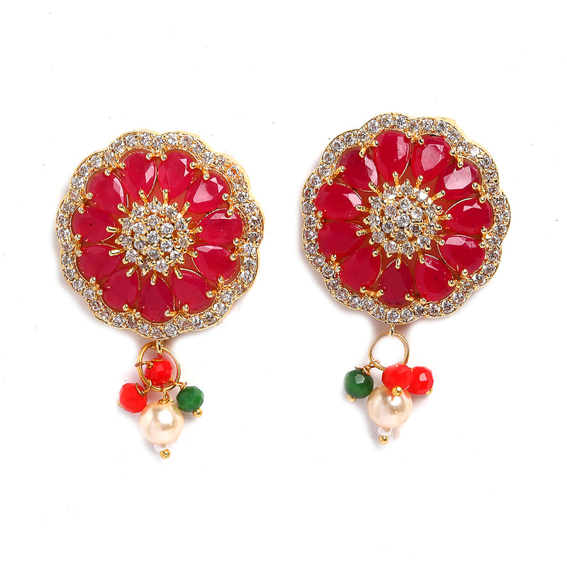Red & Green Gold-Plated American Diamond Studded Choker Necklace with Earrings