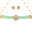 Multistrand Gold-Plated Lime Green & White American Diamond Stone Studded & Beaded Jewellery Set