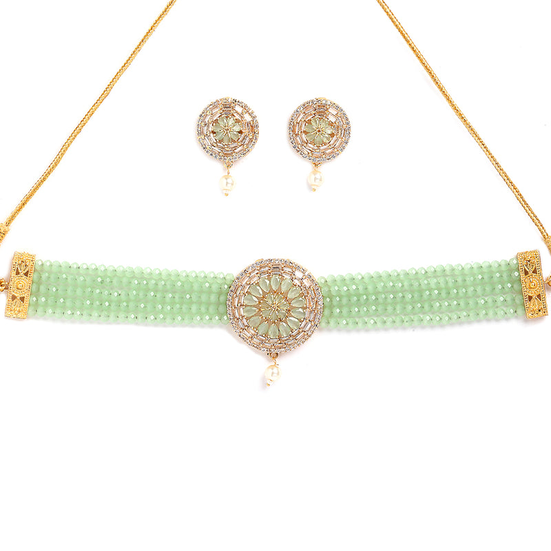 Multistrand Gold-Plated Lime Green & White American Diamond Stone Studded & Beaded Jewellery Set