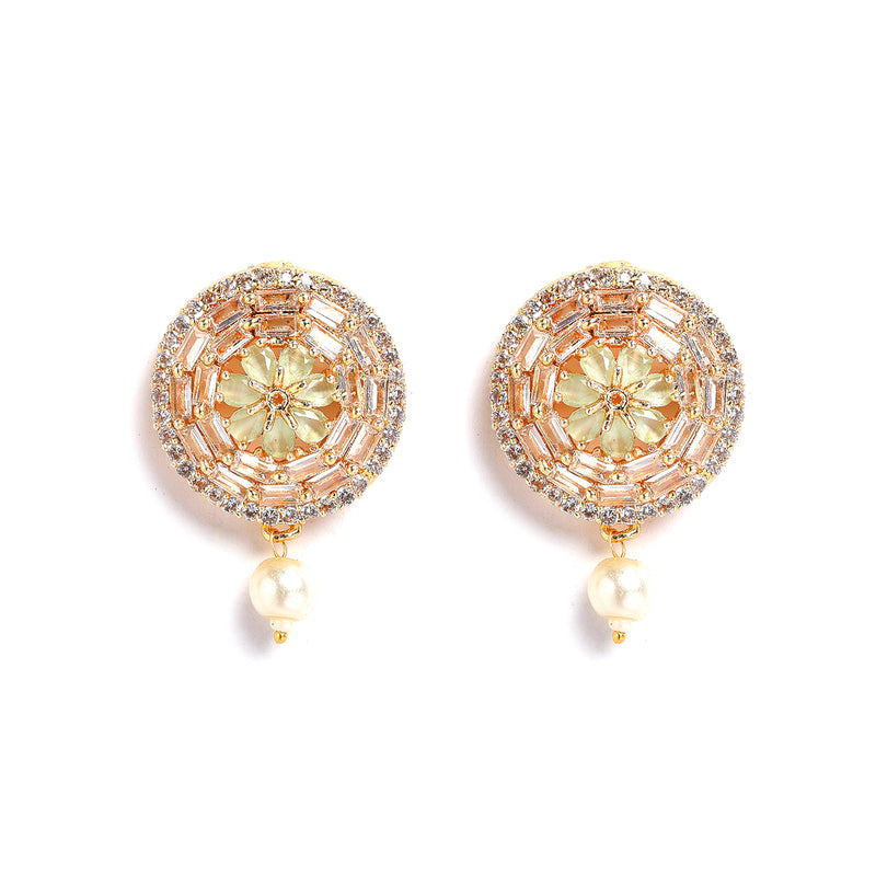 Multistrand Gold-Plated Lime Green & White American Diamond Stone Studded & Beaded Jewellery Set