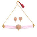 Peach & White American Diamond Stone Gold-Plated Stone Studded & Beaded Jewellery Set