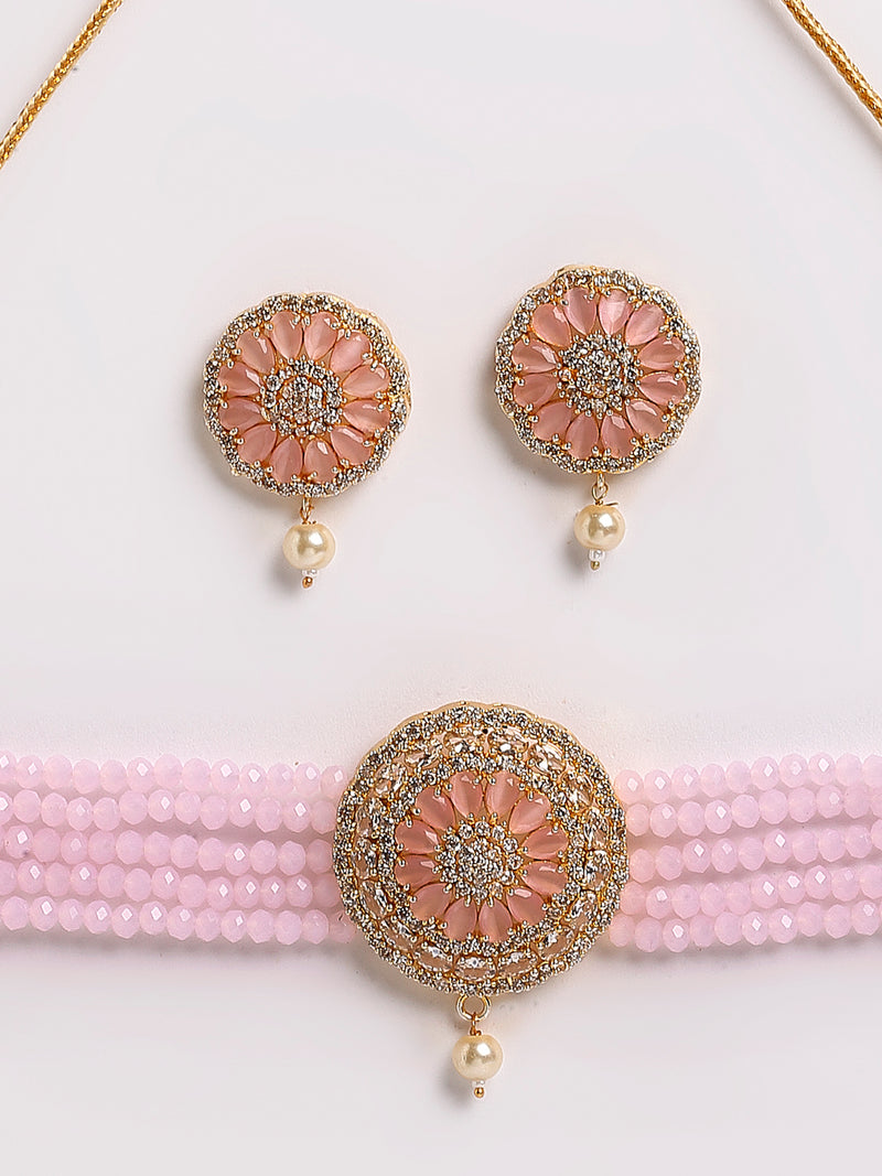 Peach & White American Diamond Stone Gold-Plated Stone Studded & Beaded Jewellery Set