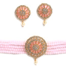 Peach & White American Diamond Stone Gold-Plated Stone Studded & Beaded Jewellery Set
