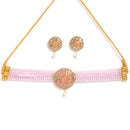 Gold-Plated with Peach-Toned & Pink AD-Studded & Beaded Jewellery Set