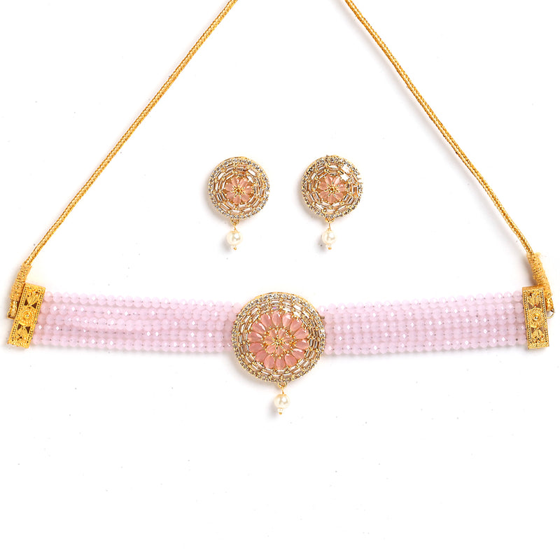 Gold-Plated with Peach-Toned & Pink AD-Studded & Beaded Jewellery Set