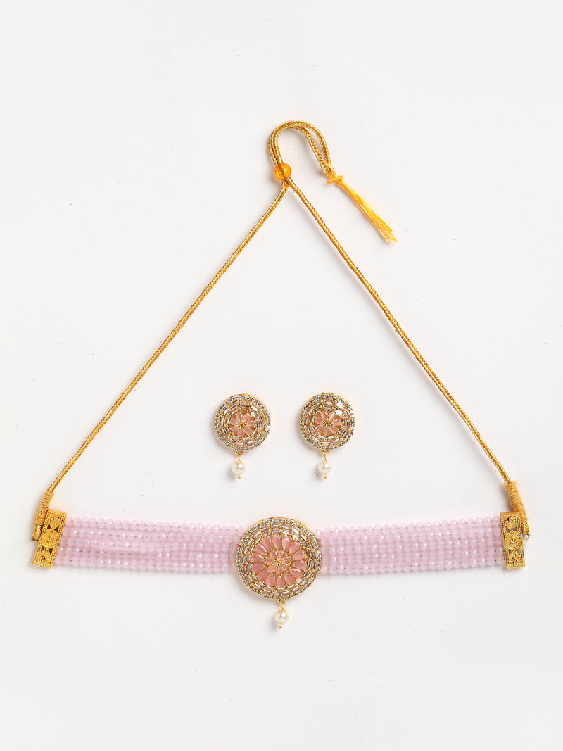 Gold-Plated with Peach-Toned & Pink AD-Studded & Beaded Jewellery Set