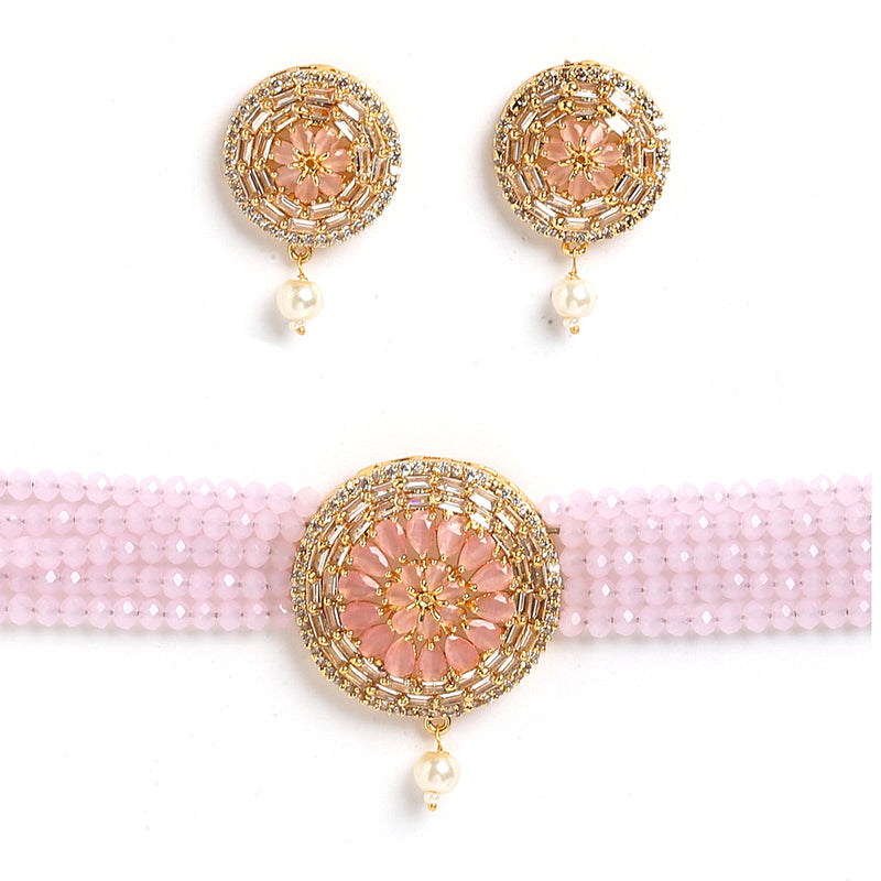 Gold-Plated with Peach-Toned & Pink AD-Studded & Beaded Jewellery Set