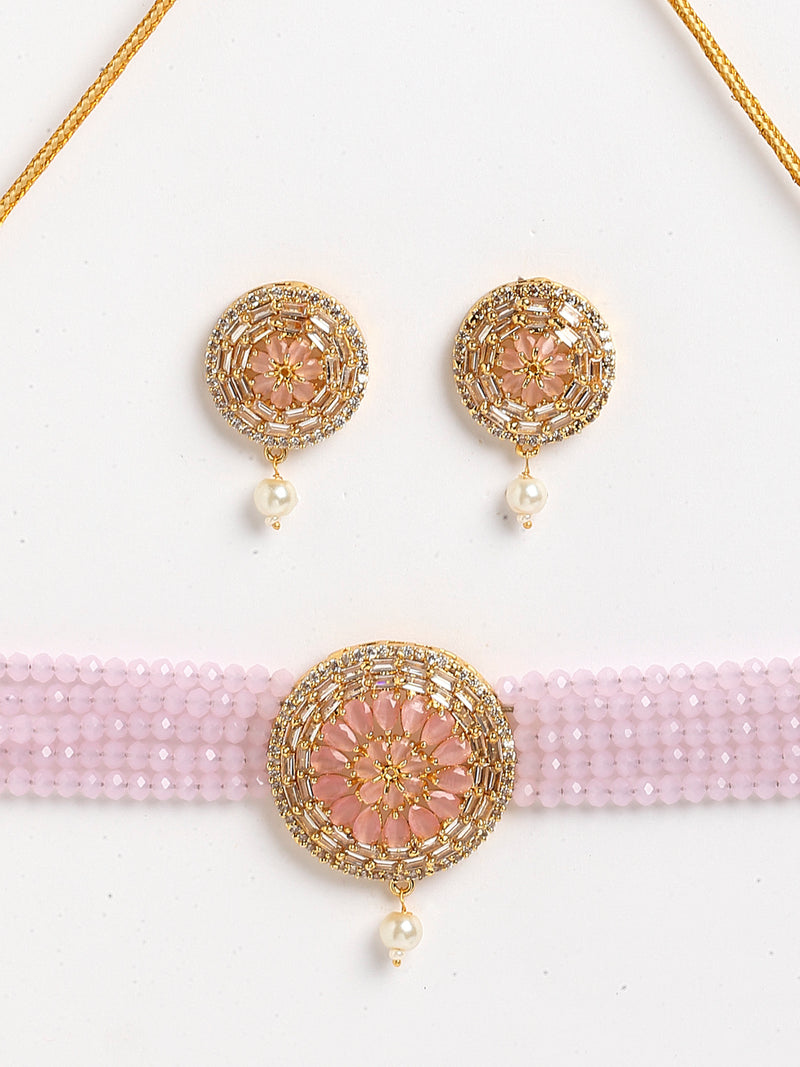 Gold-Plated with Peach-Toned & Pink AD-Studded & Beaded Jewellery Set
