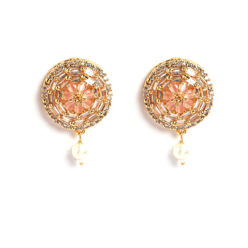 Gold-Plated with Peach-Toned & Pink AD-Studded & Beaded Jewellery Set