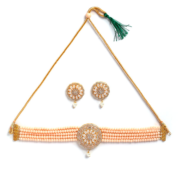 Off-White Gold-Plated Pearl Studded Detailing Pendant With Multistrand Beads Strap Choker Necklace Set