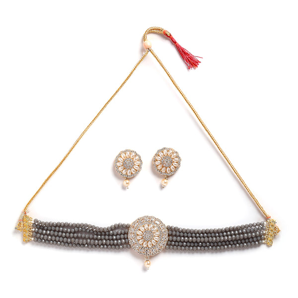 Grey & White Gold-Plated Pearl Studded & Beaded Jewellery Set