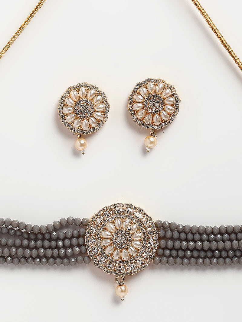 Grey & White Gold-Plated Pearl Studded & Beaded Jewellery Set