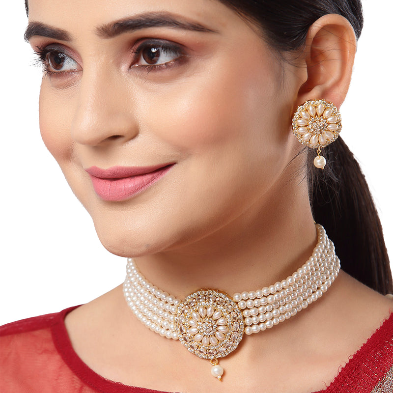 White Gold-Toned Stone-Studded & Pearl Beaded Choker Jewellery Set