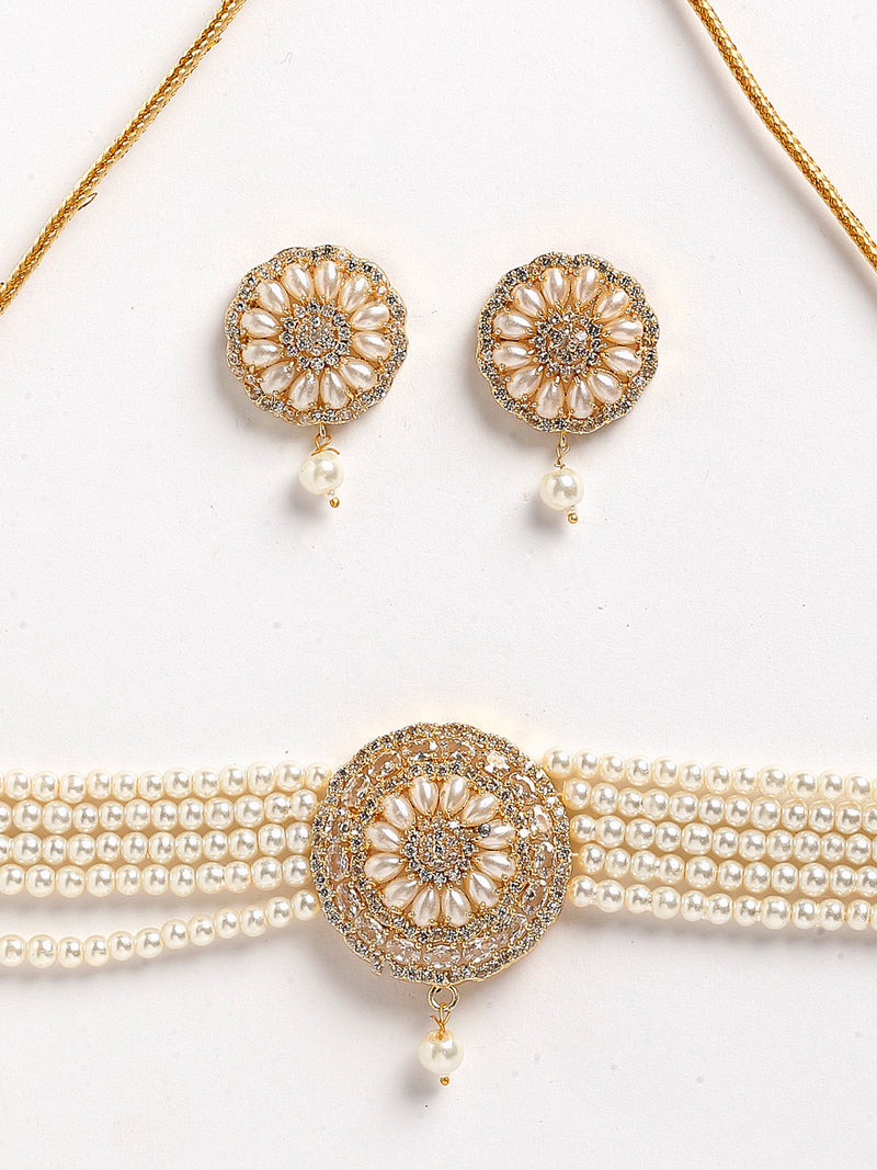 White Gold-Toned Stone-Studded & Pearl Beaded Choker Jewellery Set