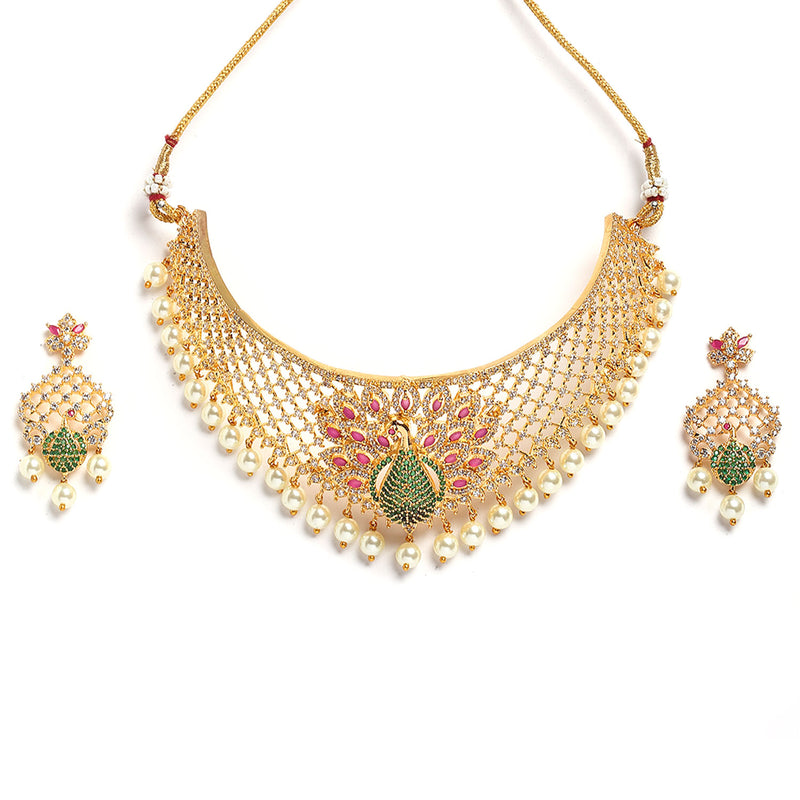 Peacock Design Choker Handcrafted with Gold-Plated Red American Diamond Studded Jewelry Set