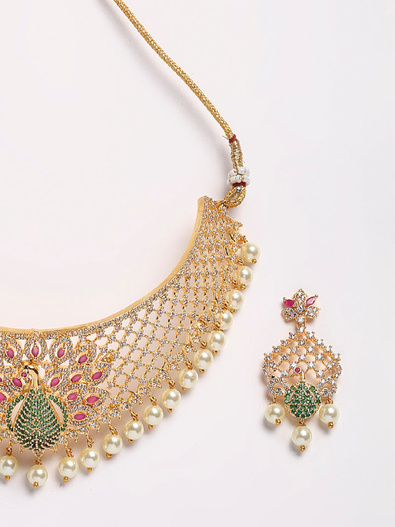 Peacock Design Choker Handcrafted with Gold-Plated Red American Diamond Studded Jewelry Set