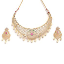 Floral Design Gold-Plated White Red and Green American Diamond-Studded & Drop Pearl Beaded Jewellery Set