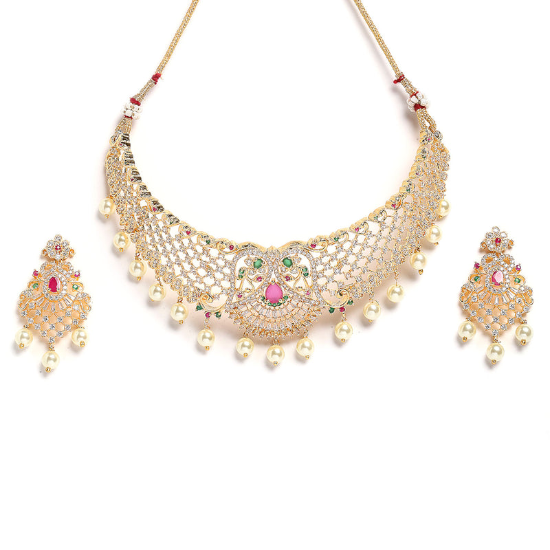 Floral Design Gold-Plated White Red and Green American Diamond-Studded & Drop Pearl Beaded Jewellery Set