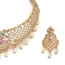 Floral Design Gold-Plated White Red and Green American Diamond-Studded & Drop Pearl Beaded Jewellery Set