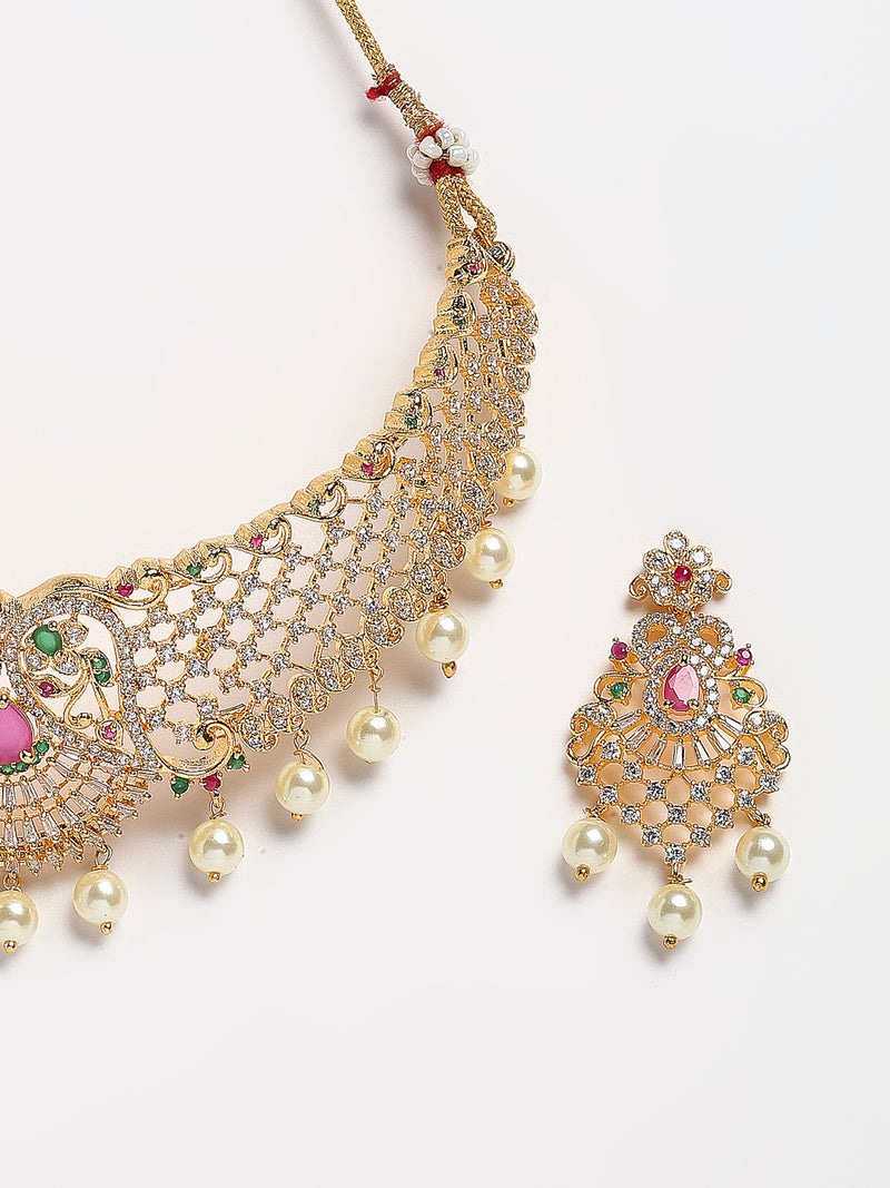 Floral Design Gold-Plated White Red and Green American Diamond-Studded & Drop Pearl Beaded Jewellery Set