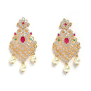 Floral Design Gold-Plated White Red and Green American Diamond-Studded & Drop Pearl Beaded Jewellery Set