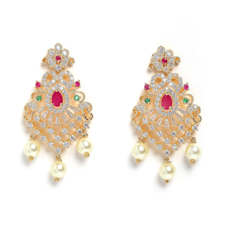 Floral Design Gold-Plated White Red and Green American Diamond-Studded & Drop Pearl Beaded Jewellery Set