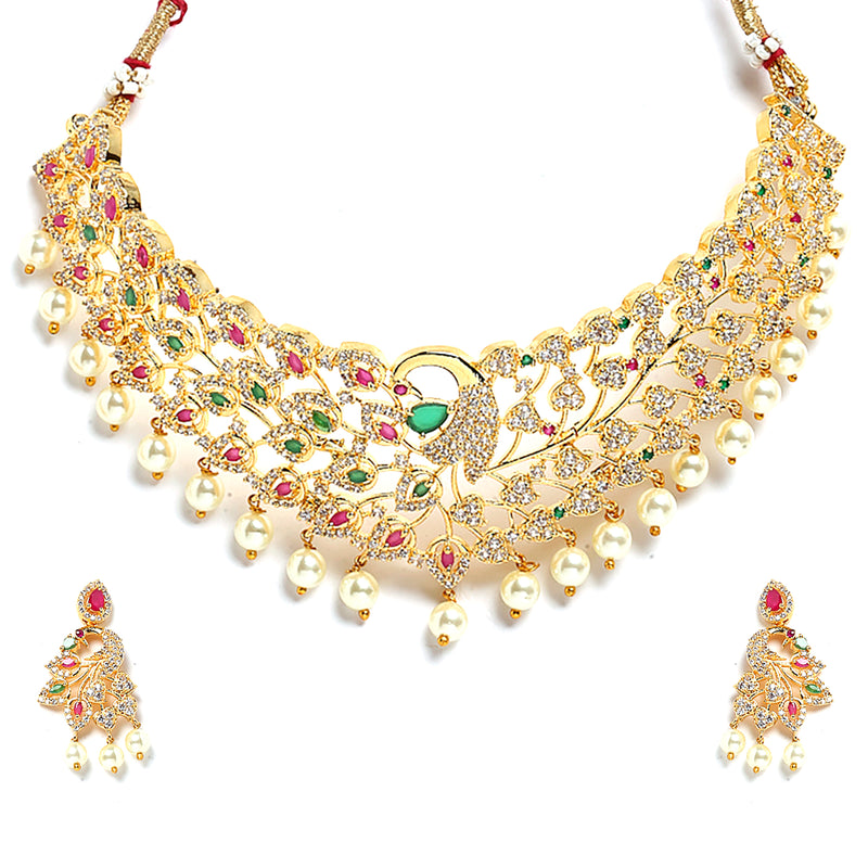 Peacock Design Choker with Gold-Plated Red American Diamond Studded Jewelry Set