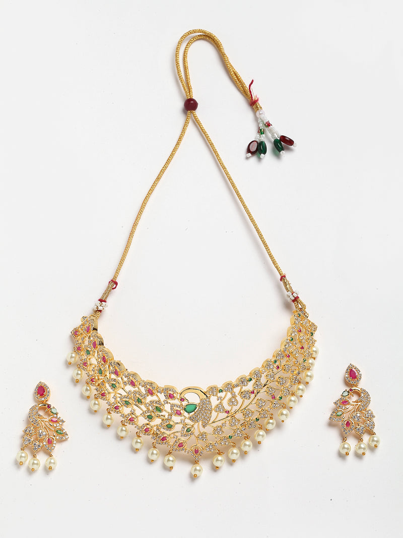 Peacock Design Choker with Gold-Plated Red American Diamond Studded Jewelry Set