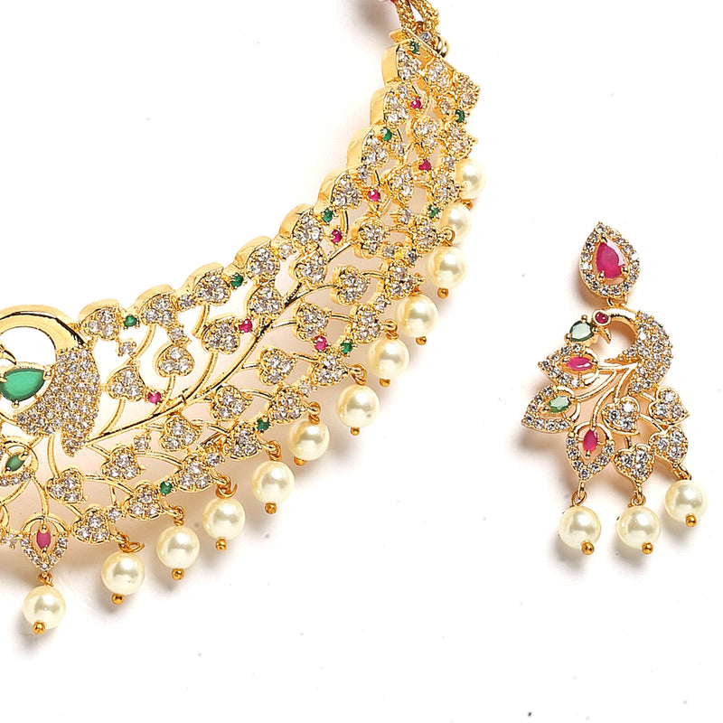 Peacock Design Choker with Gold-Plated Red American Diamond Studded Jewelry Set