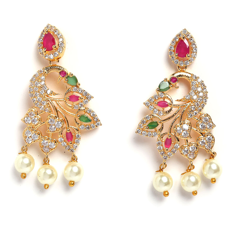 Peacock Design Choker with Gold-Plated Red American Diamond Studded Jewelry Set