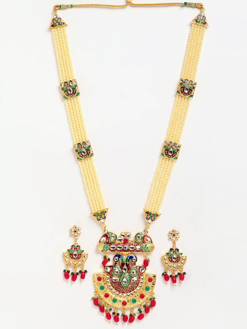 Meenakari Peacock Design Gold-Plated White Red Blue and Green Artificial Beads Studded Jewellery Set