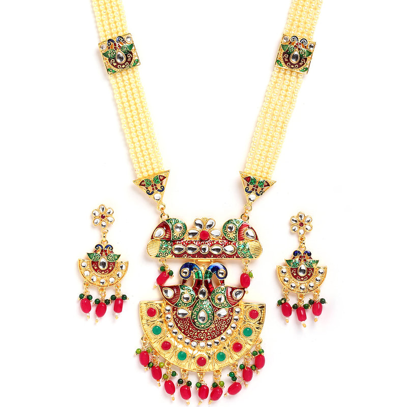 Meenakari Peacock Design Gold-Plated White Red Blue and Green Artificial Beads Studded Jewellery Set