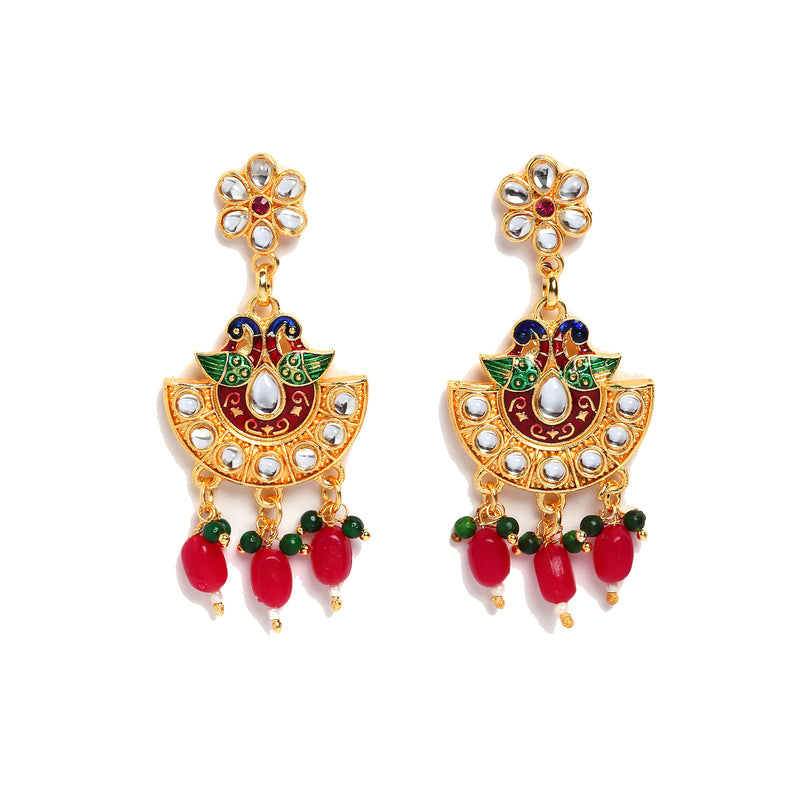 Meenakari Peacock Design Gold-Plated White Red Blue and Green Artificial Beads Studded Jewellery Set