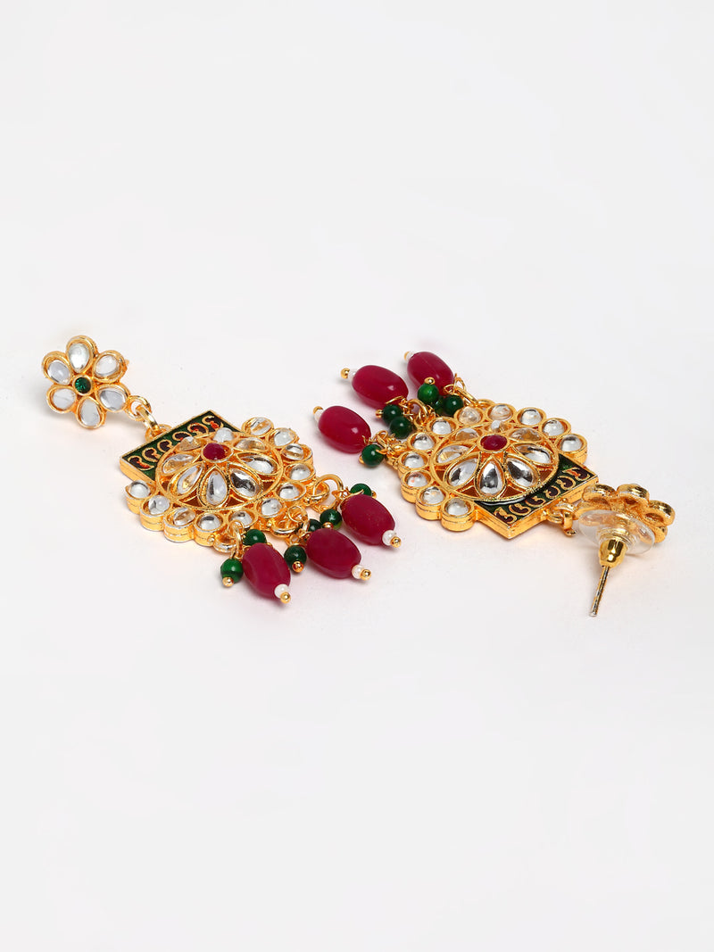 Meenakari White Red and Green Gold-Plated Meenakari & Kundan Studded Pearl Layered Jewellery Set