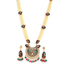 Meenakari Peacock Design Pendant with Multi-Strand Long Gold-Plated White Red Blue and Green Artificial Stones & Beads Studded Jewellery Set
